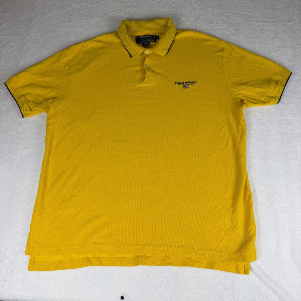 Vintage Polo Sport Ralph Lauren Mens Large Yellow Waffle Knit Polo Shirt USA